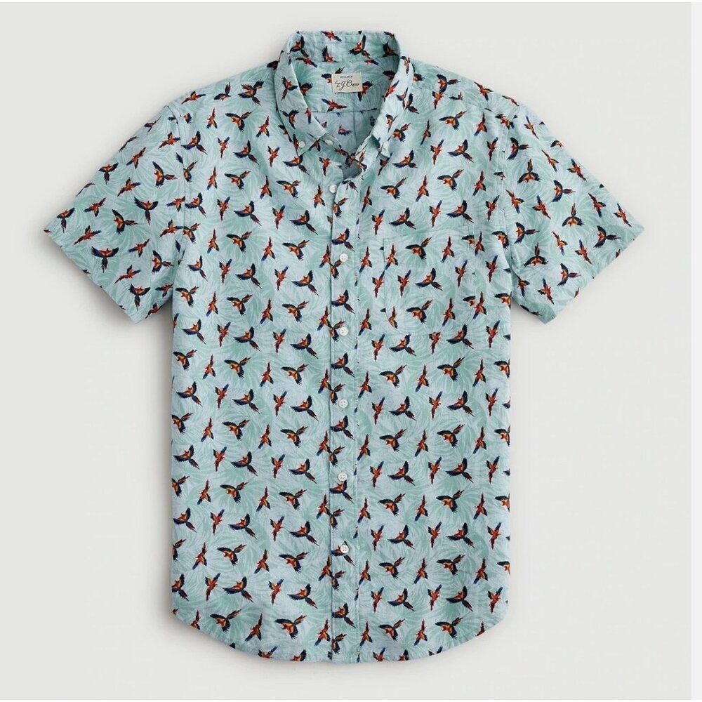 J.Crew 100% Linen Parrot Print Short Sleeve Button Down Shirt Men’s M Tropical